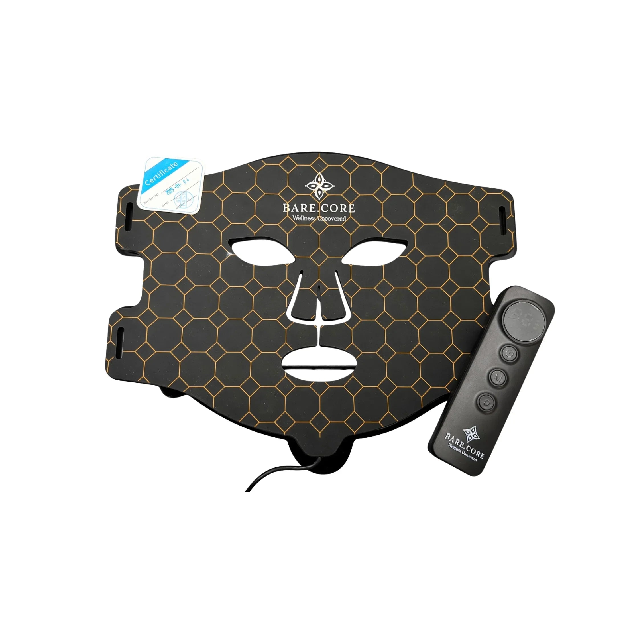 LED light therapy facial mask with hexagon pattern and remote control for skincare