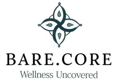 Teal geometric floral logo with teardrop shapes, text reads 'BARE CORE Wellness Uncovered'.