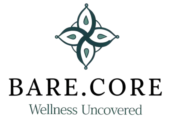 Teal geometric floral logo with teardrop shapes, text reads 'BARE CORE Wellness Uncovered'.