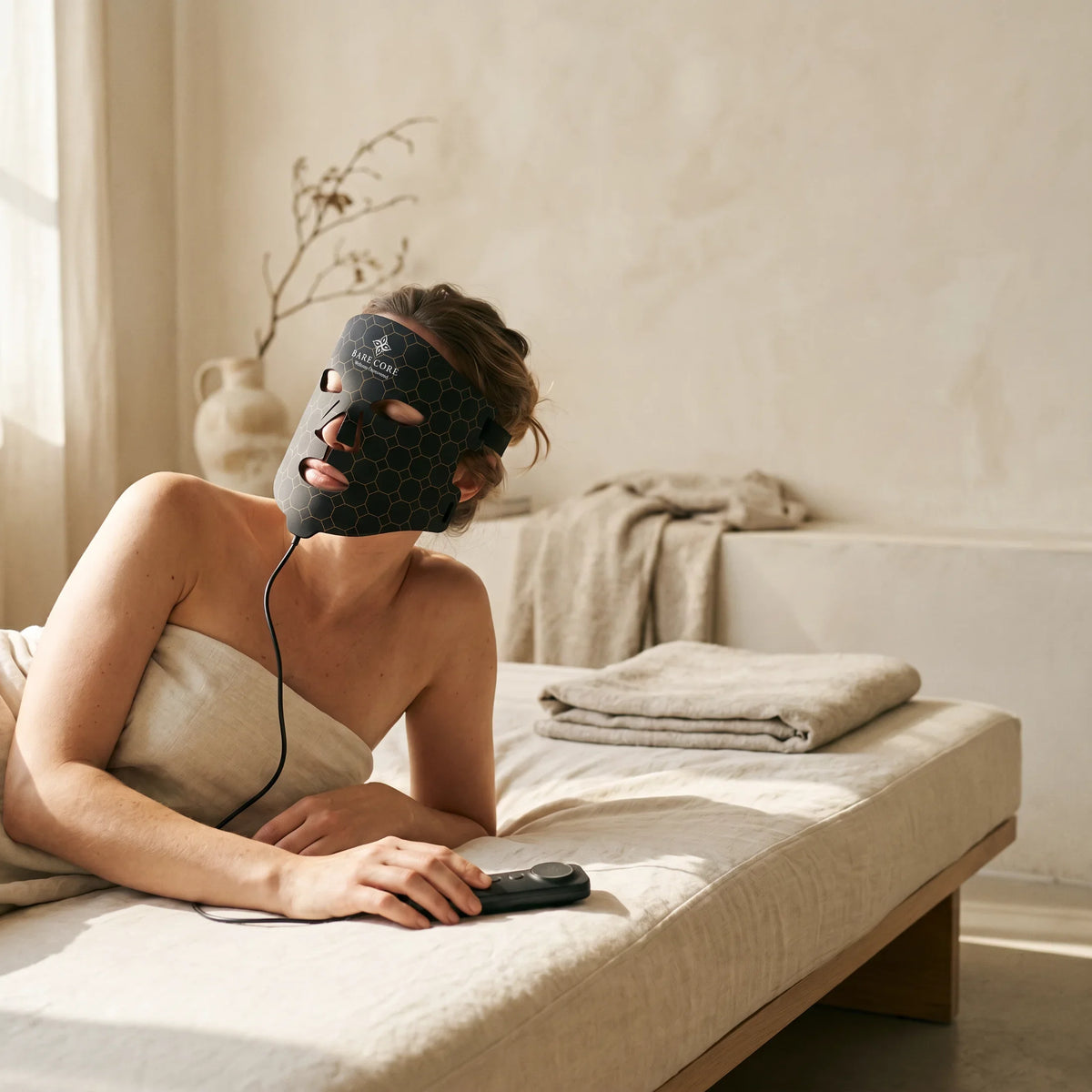 Woman relaxing on bed wearing LED light therapy facial mask for skincare